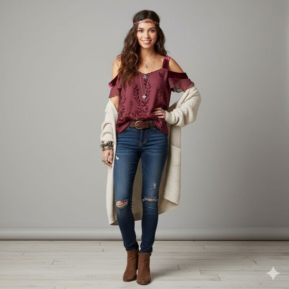 Francesca's Whimsy Boho Floral Velvet Cold Shoulder Tank Top Women's Size XS - Picture 4 of 12